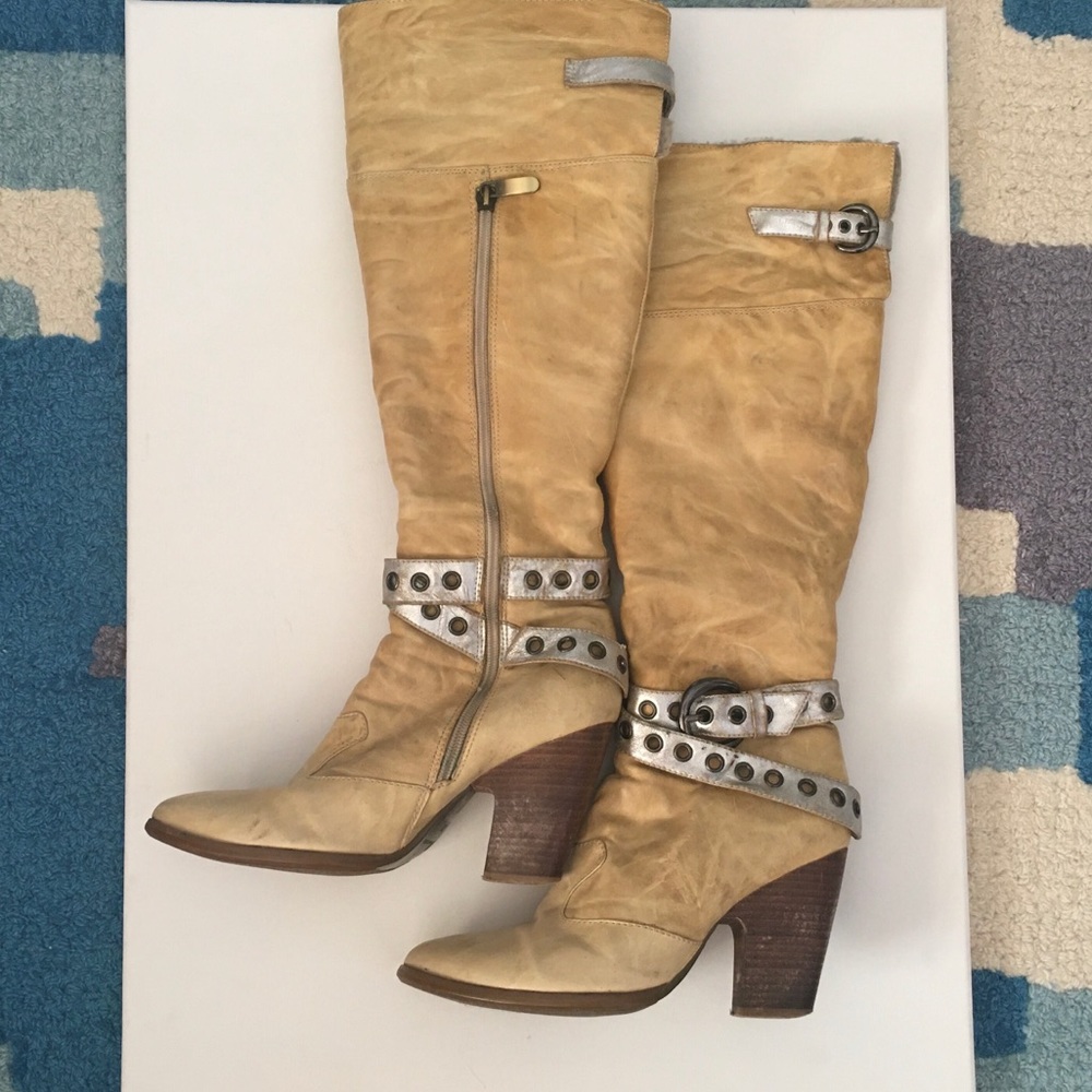 Italian leather Sheepskin fur tall winter boots